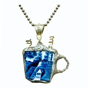 Churchill Blue Willow China Latte Pendant with Artisan  Crafted Bezel